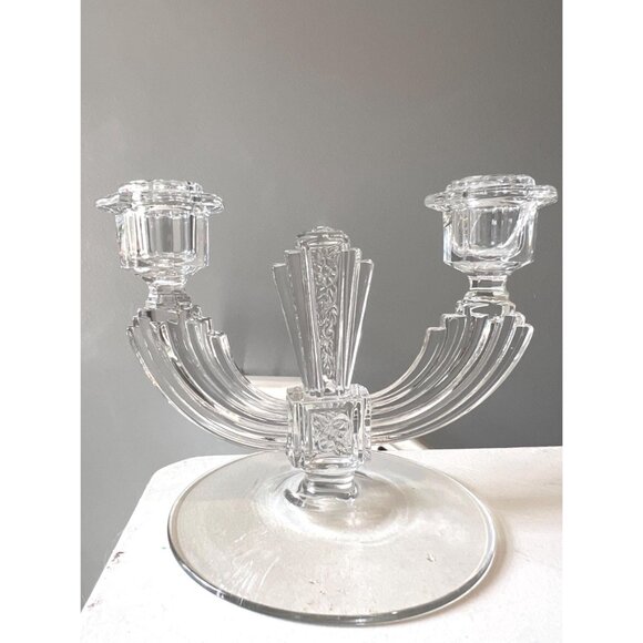 1930s Art Deco Glass Candle Holders Pair | Vintage Double-Arm Crystal Candelabra - Picture 6 of 7